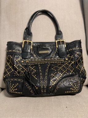 Isabella Fiore Black Leather Studded Satchel Boho Shoulder Bag Brass Hardware